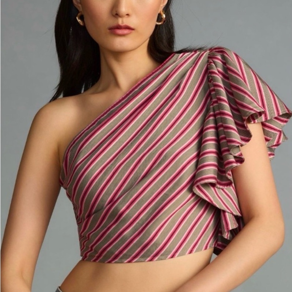 Maeve Pink and Gray Striped One-Shoulder Crop Top